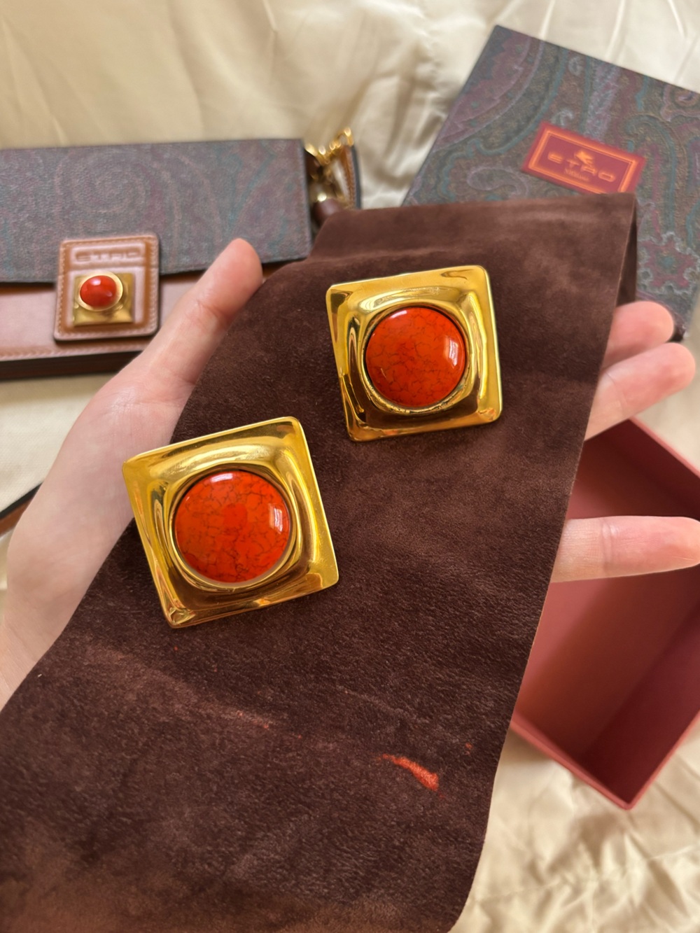 Etro Milano Paisley Crossbody Tan Leather Red Stone Gold Matching Earrings Boho - Picture 4 of 17